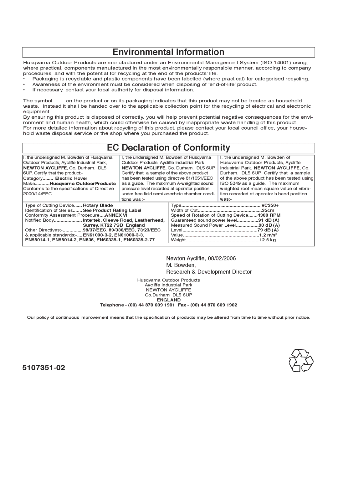 Flymo 350 Plus manual Environmental Information, EC Declaration of Conformity 