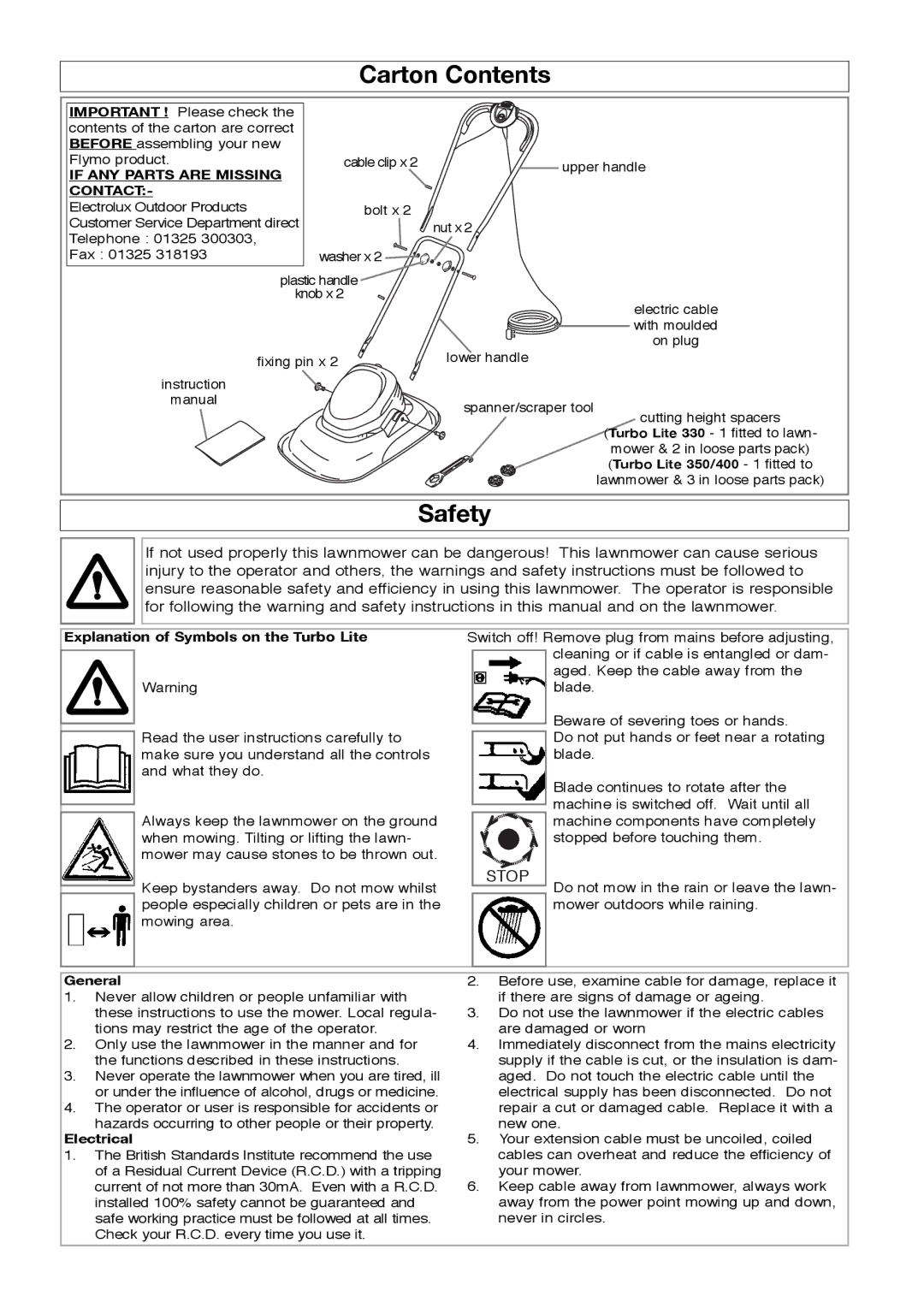 Flymo 350/400 manual Carton Contents, Safety 