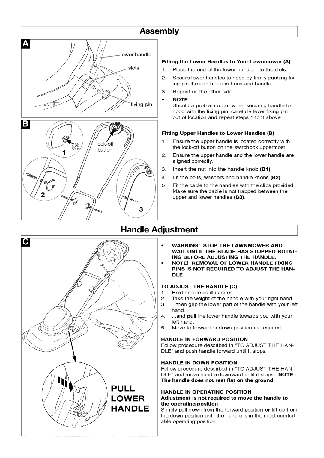 Flymo 350/400 manual Assembly, Handle Adjustment 