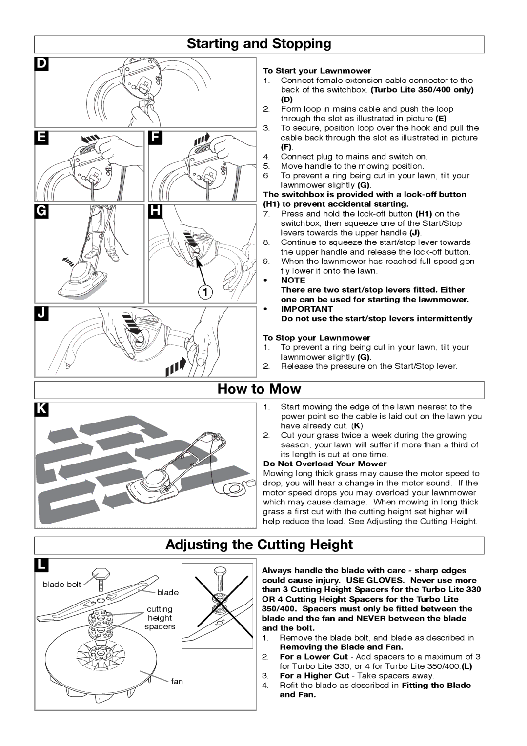 Flymo 350/400 manual Starting and Stopping, How to Mow, Adjusting the Cutting Height 