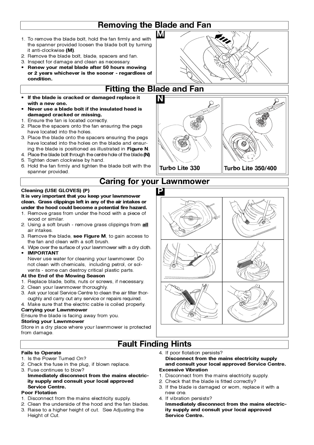 Flymo 350/400 manual Removing the Blade and Fan, Fitting the Blade and Fan, Caring for your Lawnmower, Fault Finding Hints 