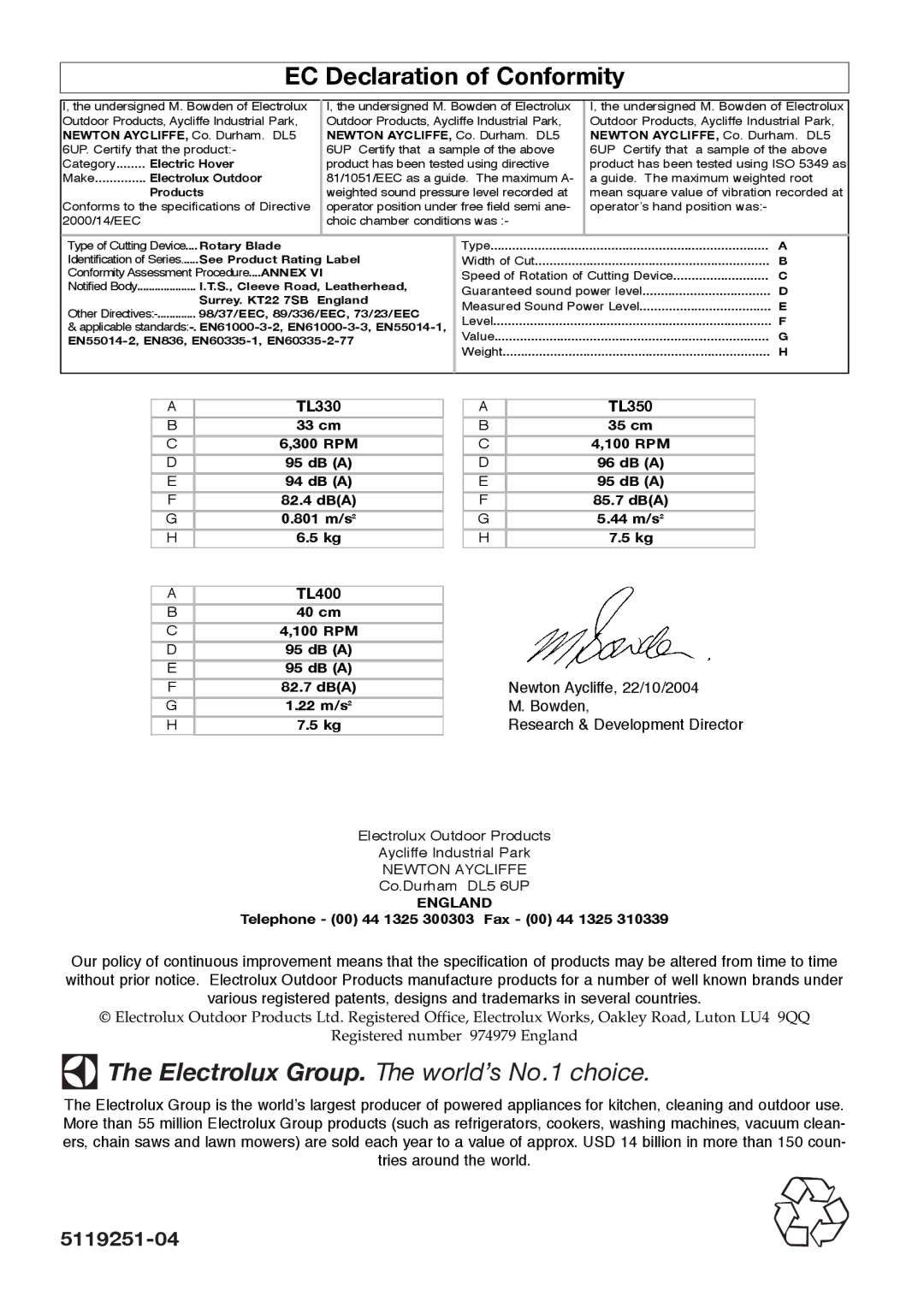 Flymo 350/400 manual EC Declaration of Conformity, England 