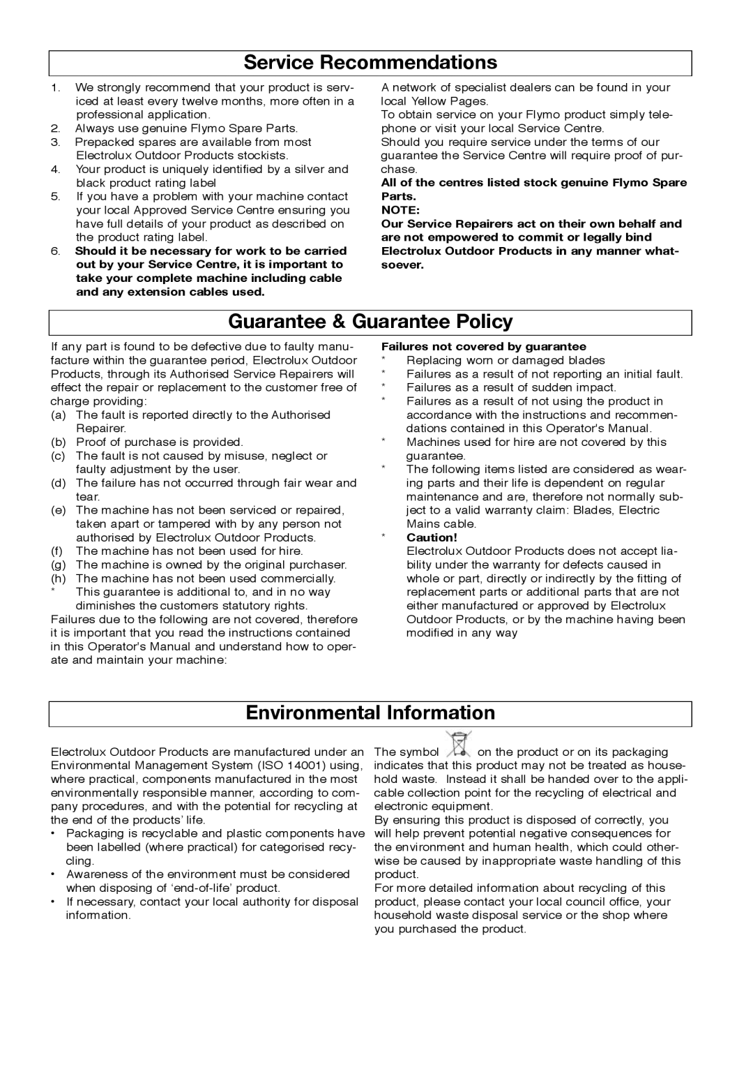 Flymo 350/400 manual Service Recommendations, Guarantee & Guarantee Policy, Environmental Information 