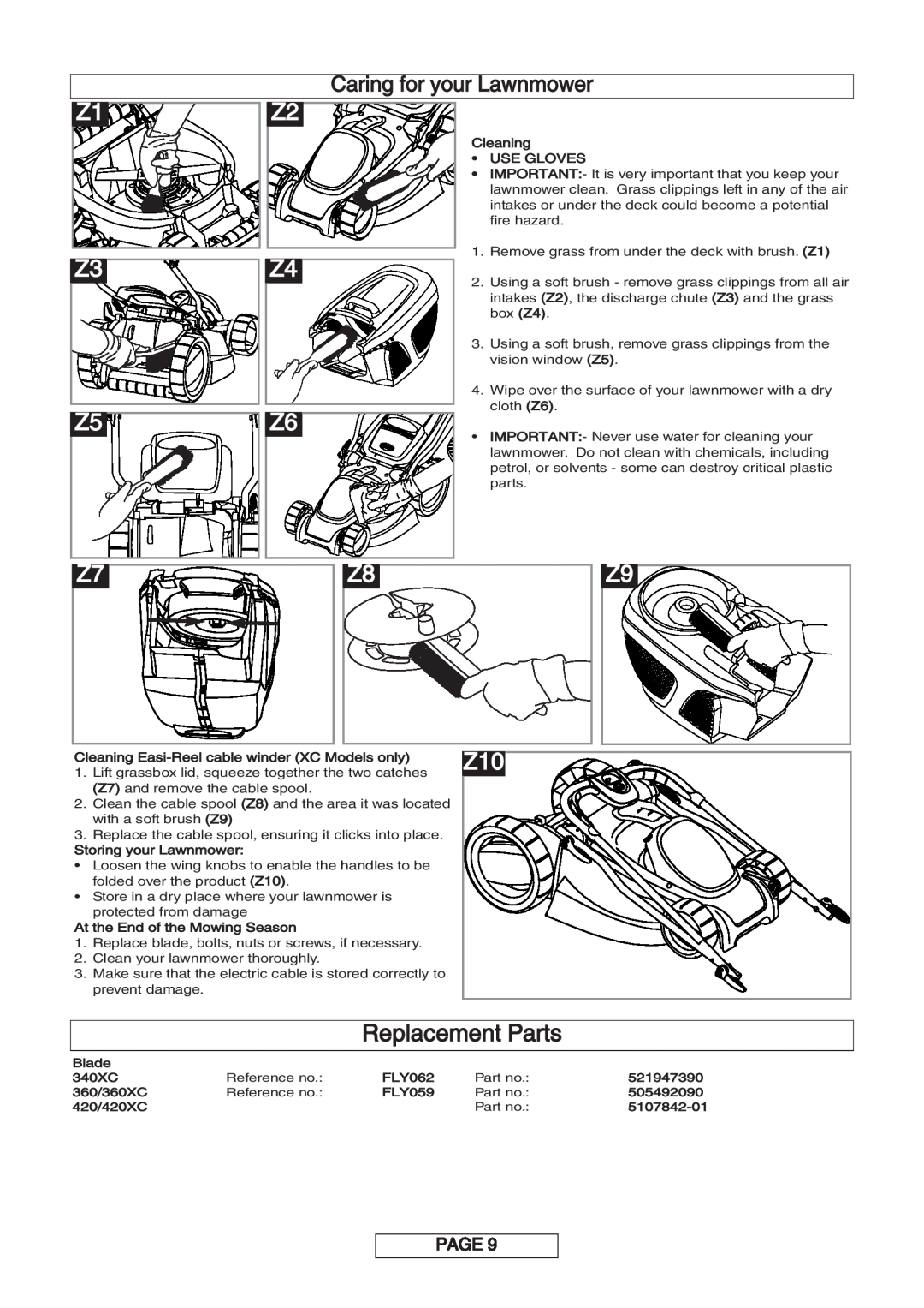 Flymo 360XC, 420XC, 340XC manual Replacement Parts 