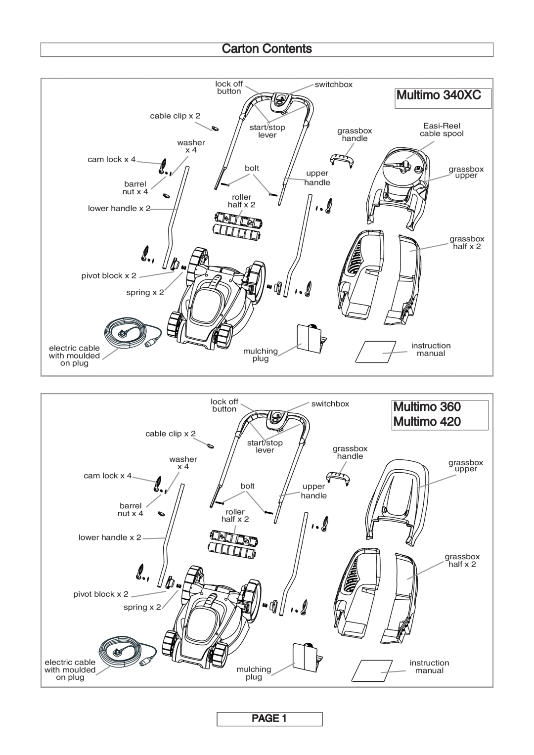 Flymo 360XC, 420XC manual Carton Contents, Multimo 340XC, Page 