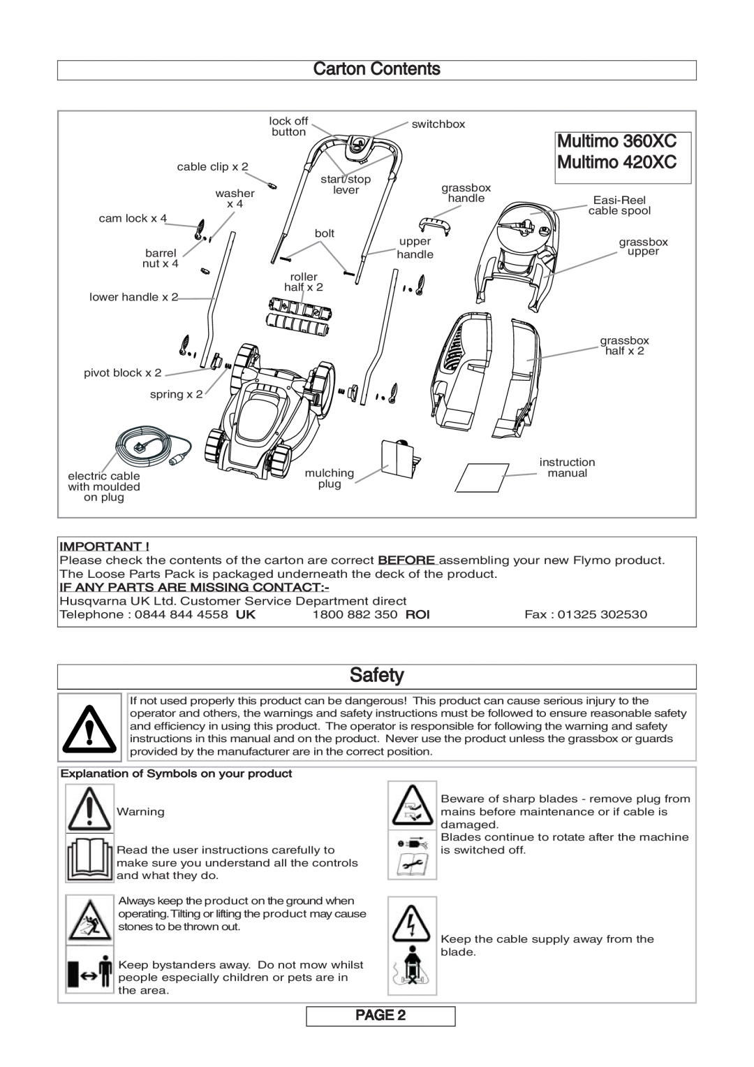 Flymo 340XC manual Safety, Multimo 360XC, Multimo 420XC, Carton Contents, Page 