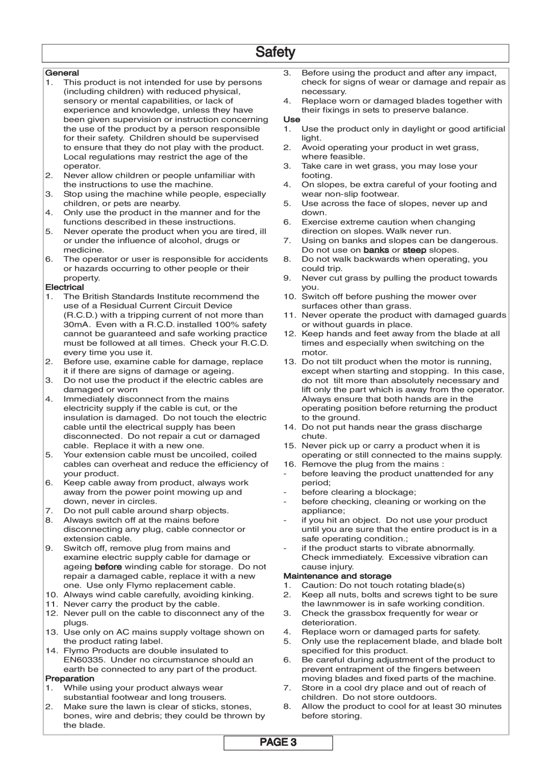 Flymo 340XC, 360XC, 420XC manual Safety, Page, General, Electrical, Preparation, Maintenance and storage 