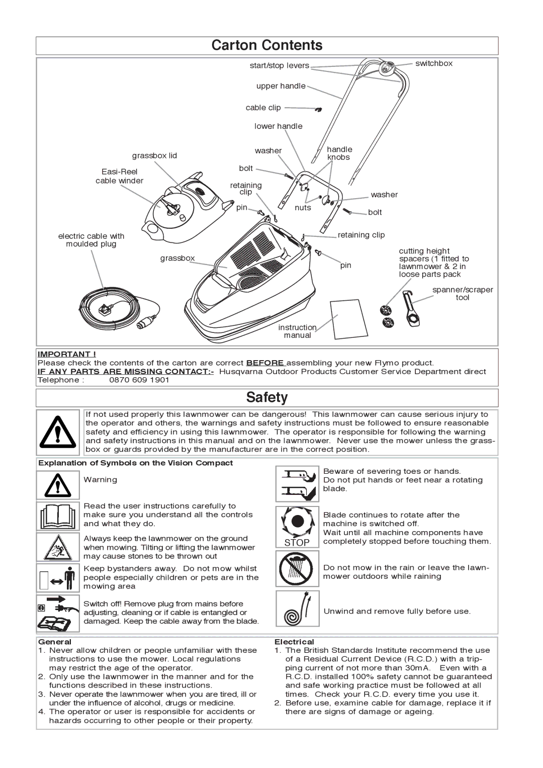 Flymo 380 manual Carton Contents, Safety 