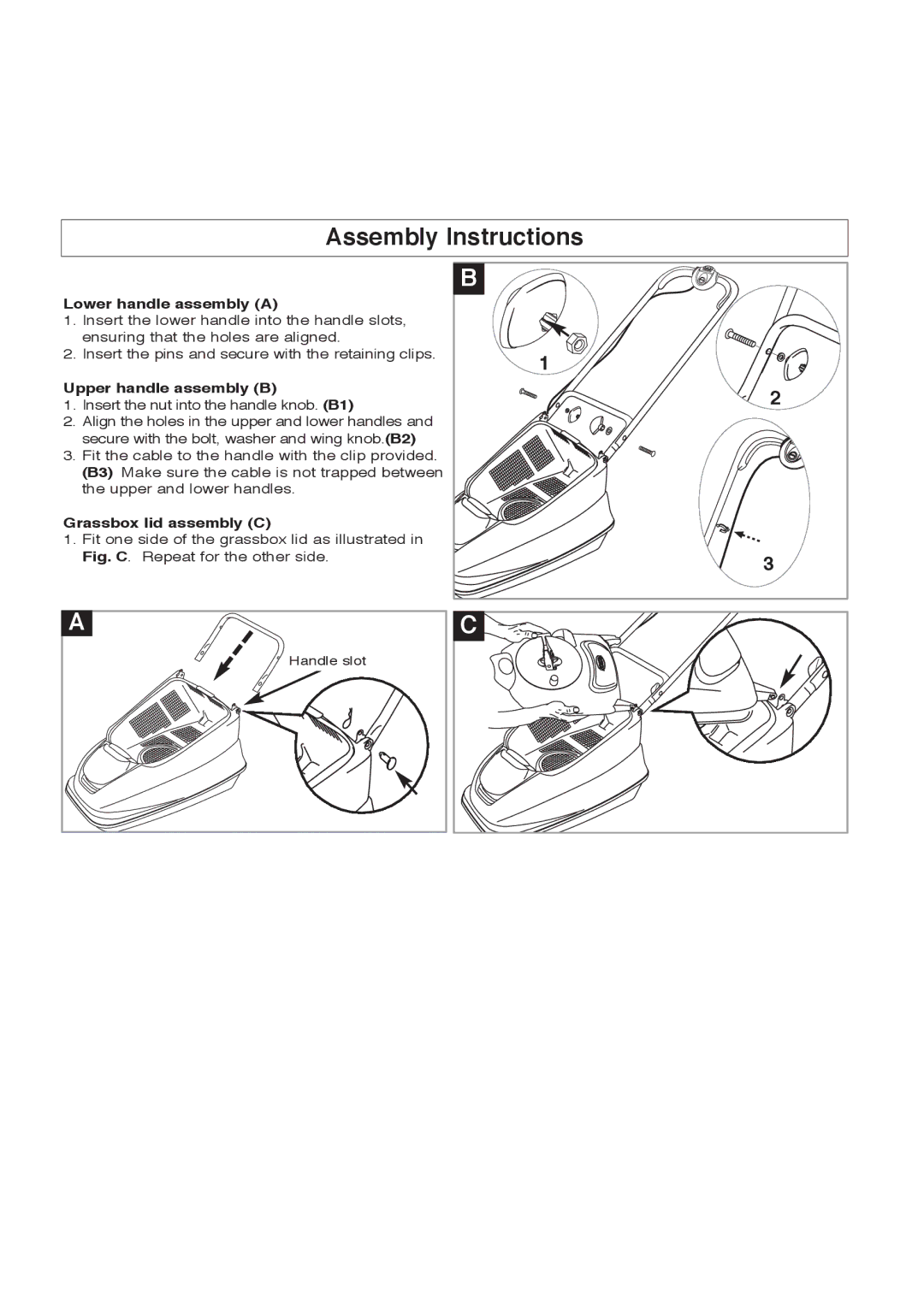 Flymo 380 manual Assembly Instructions, Lower handle assembly a, Upper handle assembly B, Grassbox lid assembly C 