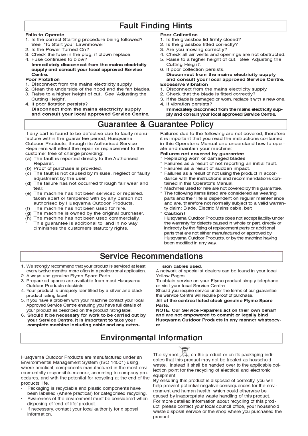 Flymo 380 manual Fault Finding Hints, Guarantee & Guarantee Policy, Service Recommendations, Environmental Information 