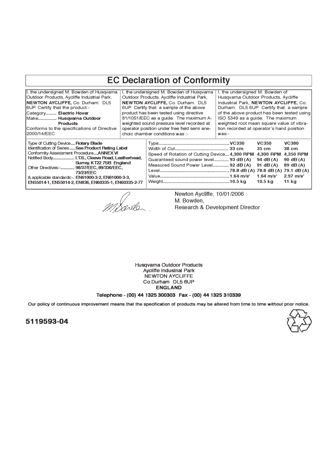 Flymo 380 EC Declaration of Conformity, 5119593-04, Newton Aycliffe, 10/01/2006 M. Bowden, Research & Development Director 