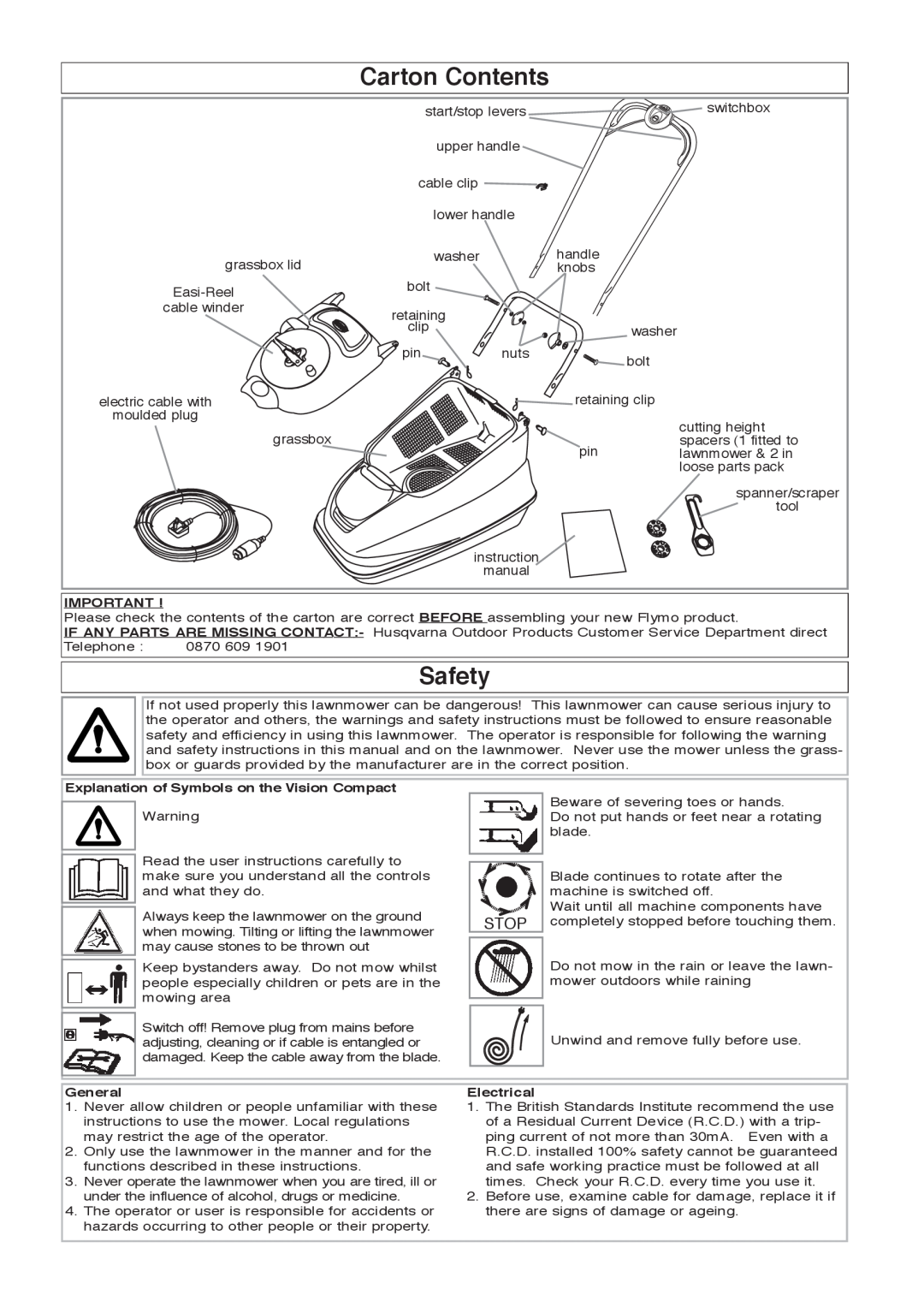Flymo 380 manual Carton Contents, Safety, Stop 