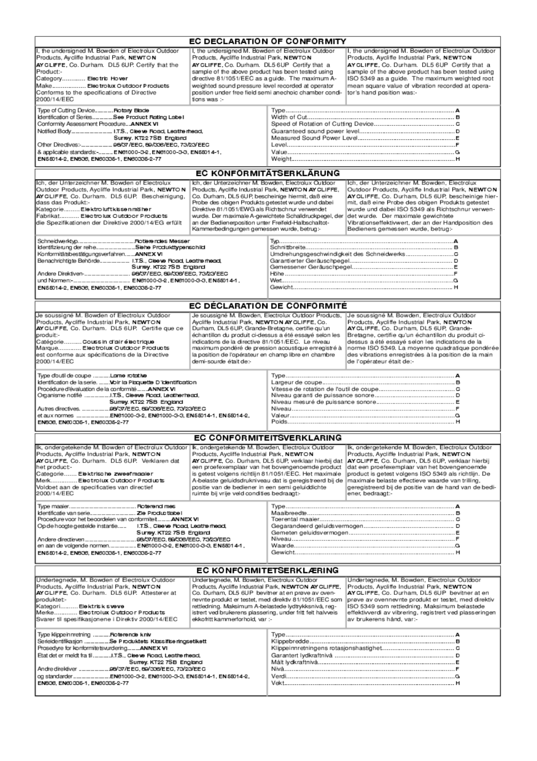 Flymo 400 EC Declaration of Conformity, EC Konformitätserklärung, EC Déclaration DE Conformité, EC Conformiteitsverklaring 