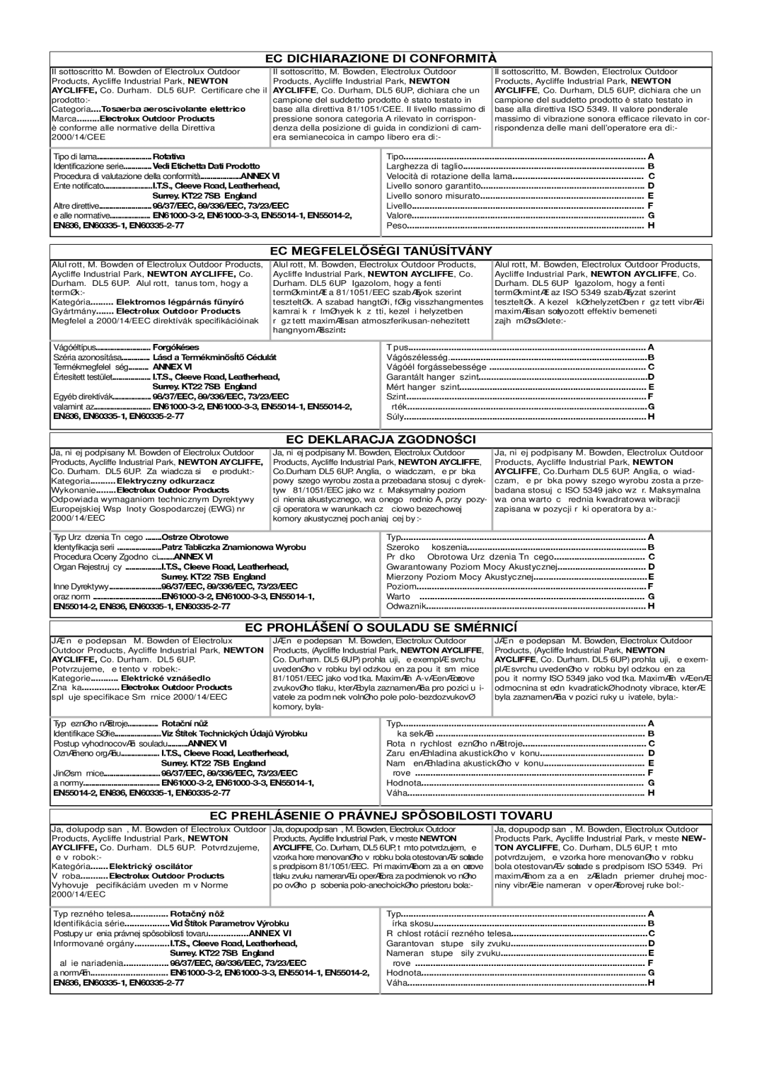 Flymo 400 manual EC Dichiarazione DI Conformità, EC Megfelelőségi Tanúsítvány, EC Deklaracja Zgodności 