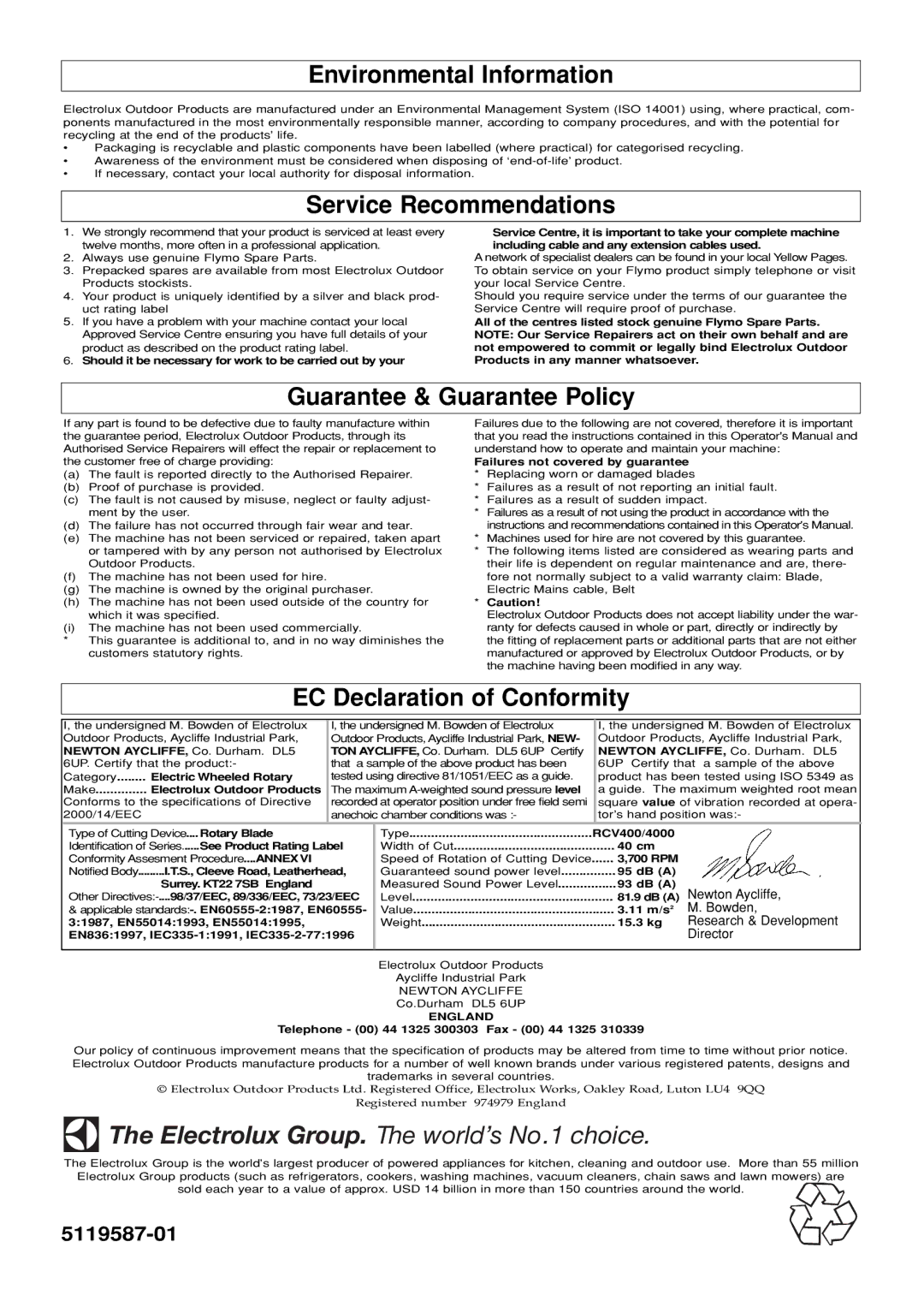 Flymo 400 Environmental Information, Service Recommendations, Guarantee & Guarantee Policy, EC Declaration of Conformity 