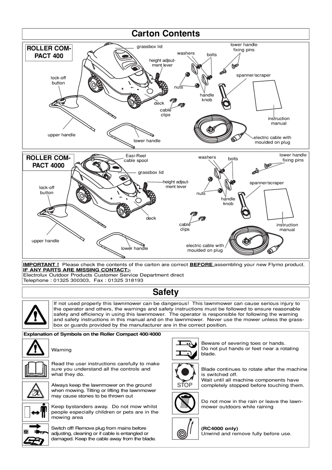 Flymo 400 manual Carton Contents, Safety 