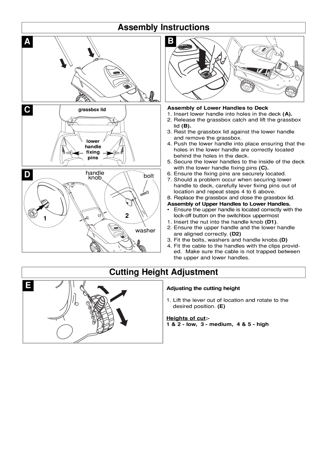 Flymo 400 manual Assembly Instructions, Cutting Height Adjustment 