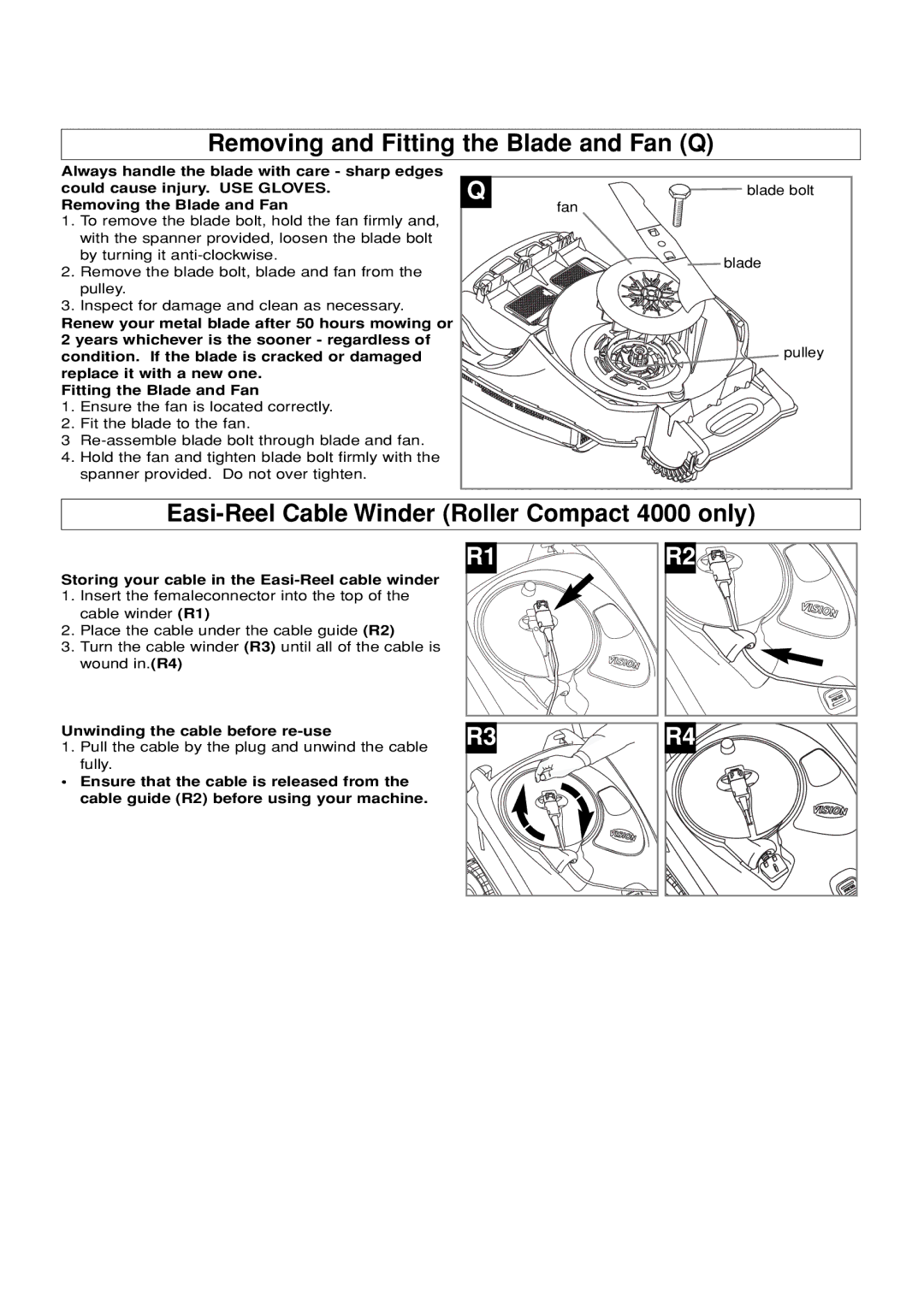 Flymo manual Removing and Fitting the Blade and Fan Q, Easi-Reel Cable Winder Roller Compact 4000 only 