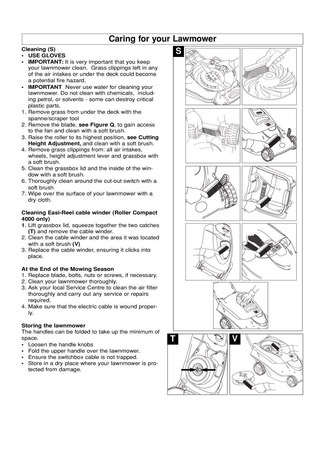 Flymo manual Caring for your Lawmower, Cleaning S, Cleaning Easi-Reel cable winder Roller Compact 4000 only 