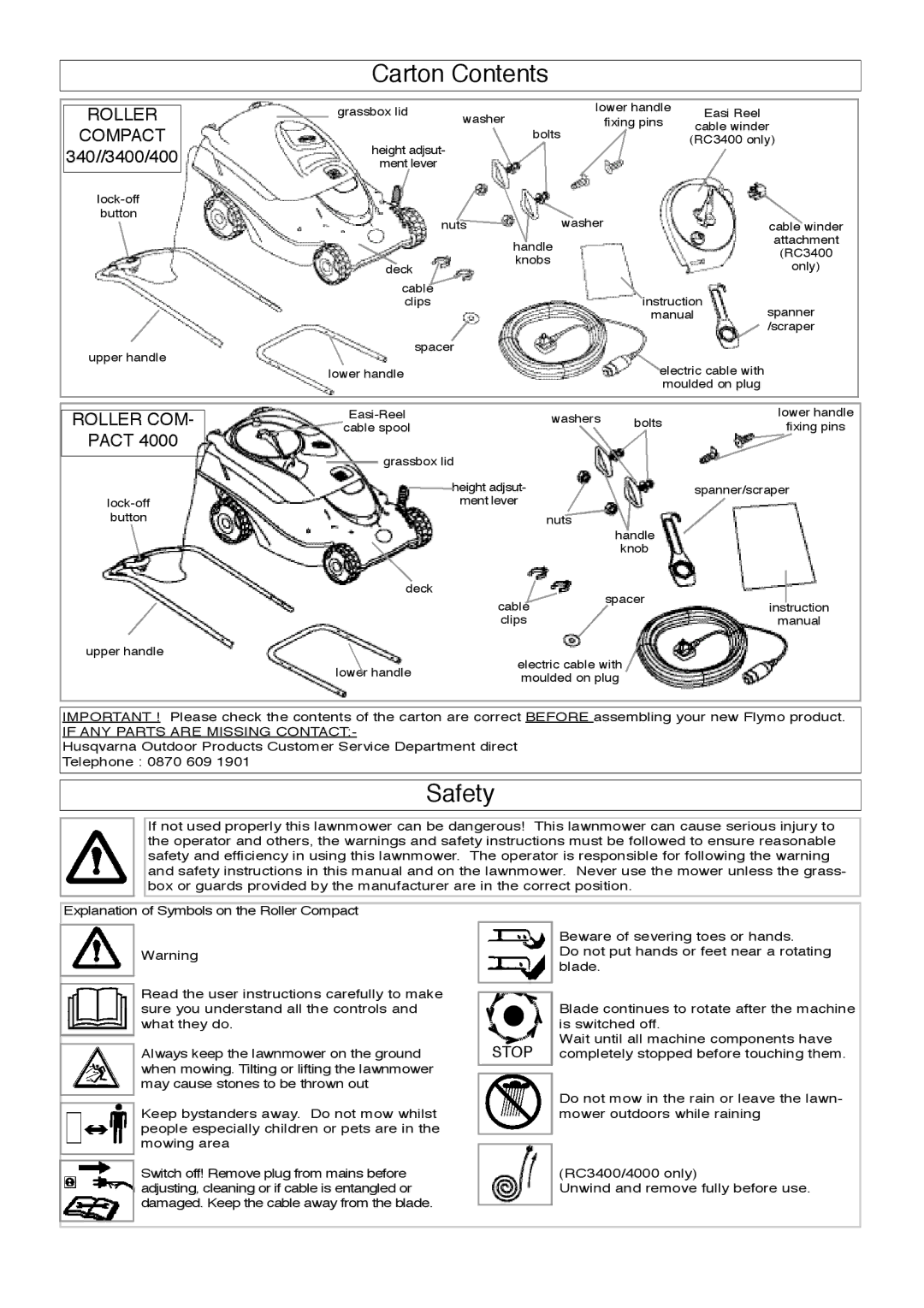 Flymo 4000, 3400 manual Carton Contents, Safety 