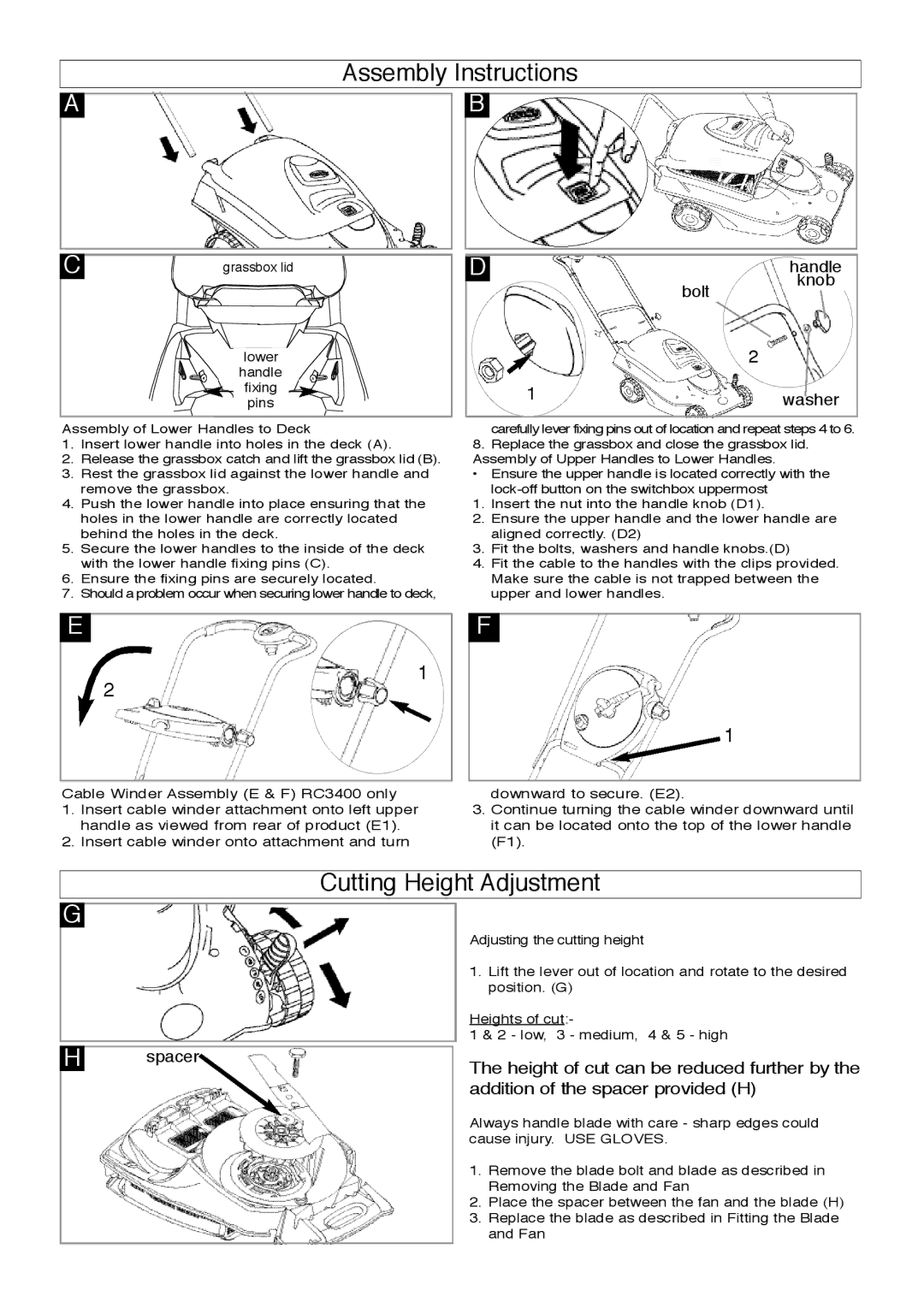 Flymo 4000, 3400 manual Assembly Instructions, Cutting Height Adjustment 