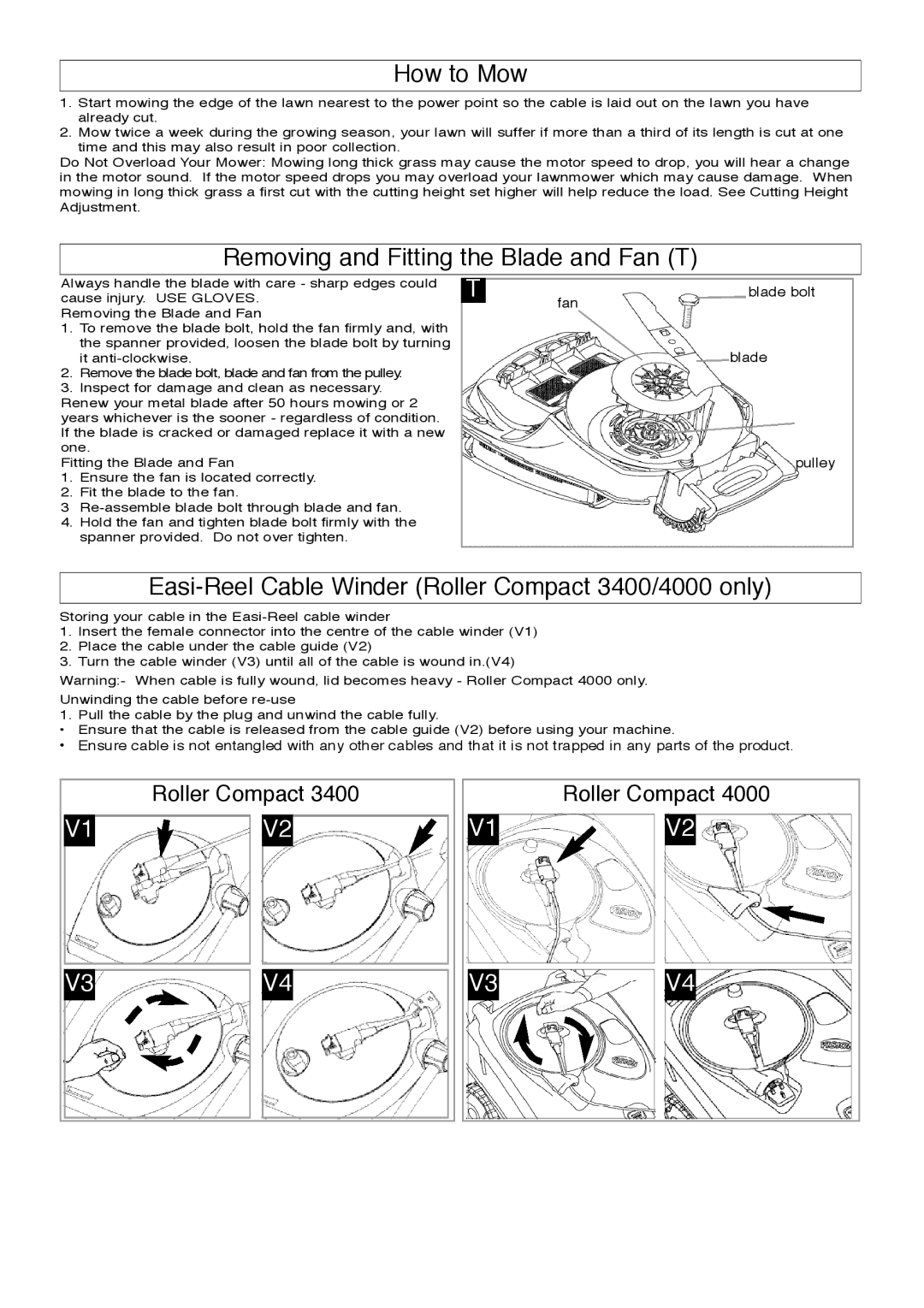 Flymo manual How to Mow, Removing and Fitting the Blade and Fan T, Easi-Reel Cable Winder Roller Compact 3400/4000 only 