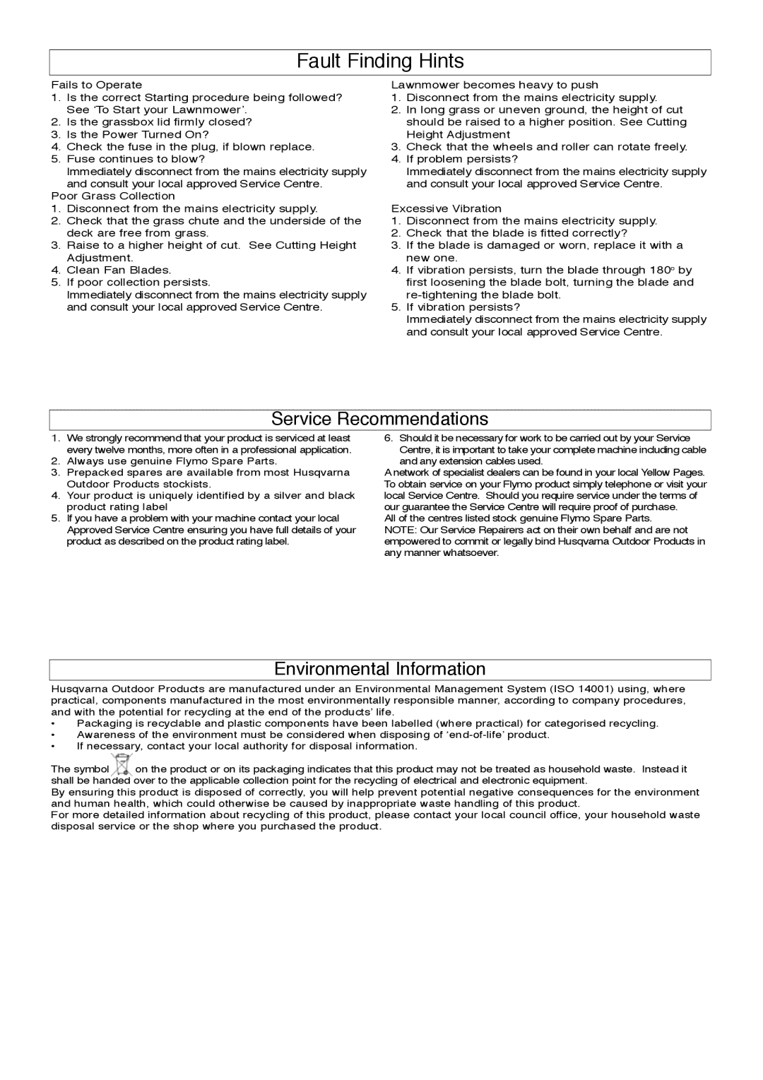 Flymo 4000, 3400 manual Fault Finding Hints, Service Recommendations 