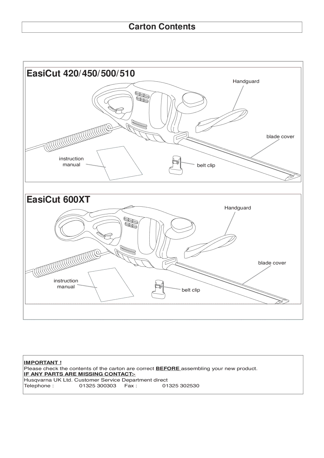 Flymo 420, EASICUT 500 manual Carton Contents 