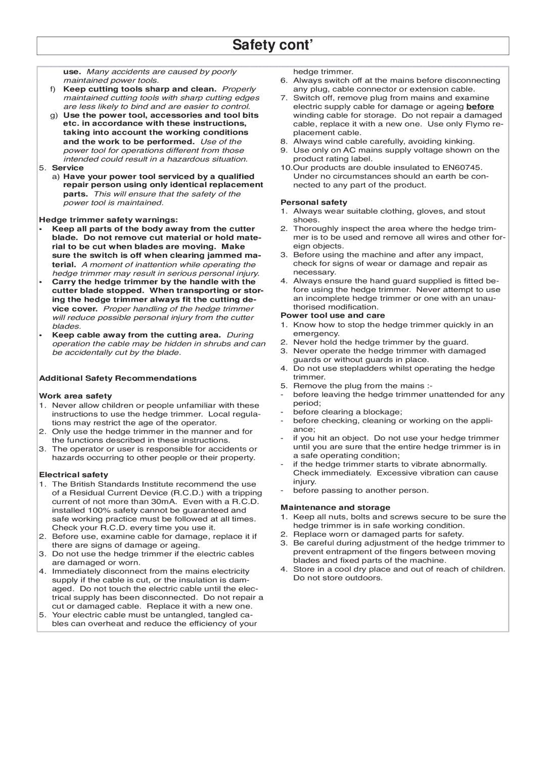 Flymo 420, EASICUT 500 manual Safety cont’, Personal safety, Maintenance and storage 