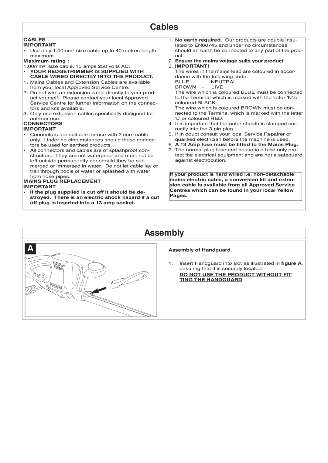 Flymo EASICUT 500, 420 manual Cables, Assembly 