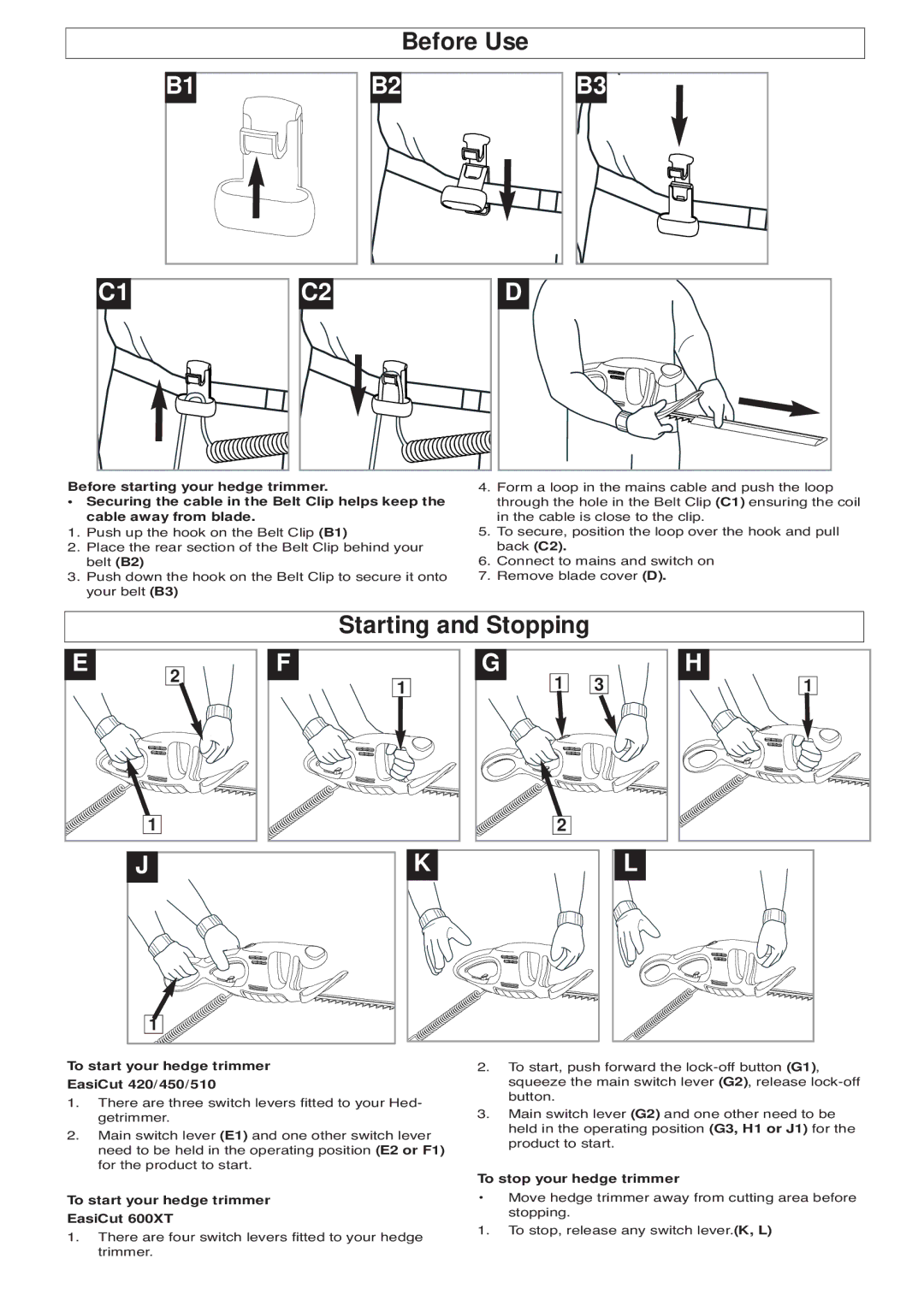 Flymo Before Use, Starting and Stopping, To start your hedge trimmer EasiCut 420/450/510, To stop your hedge trimmer 