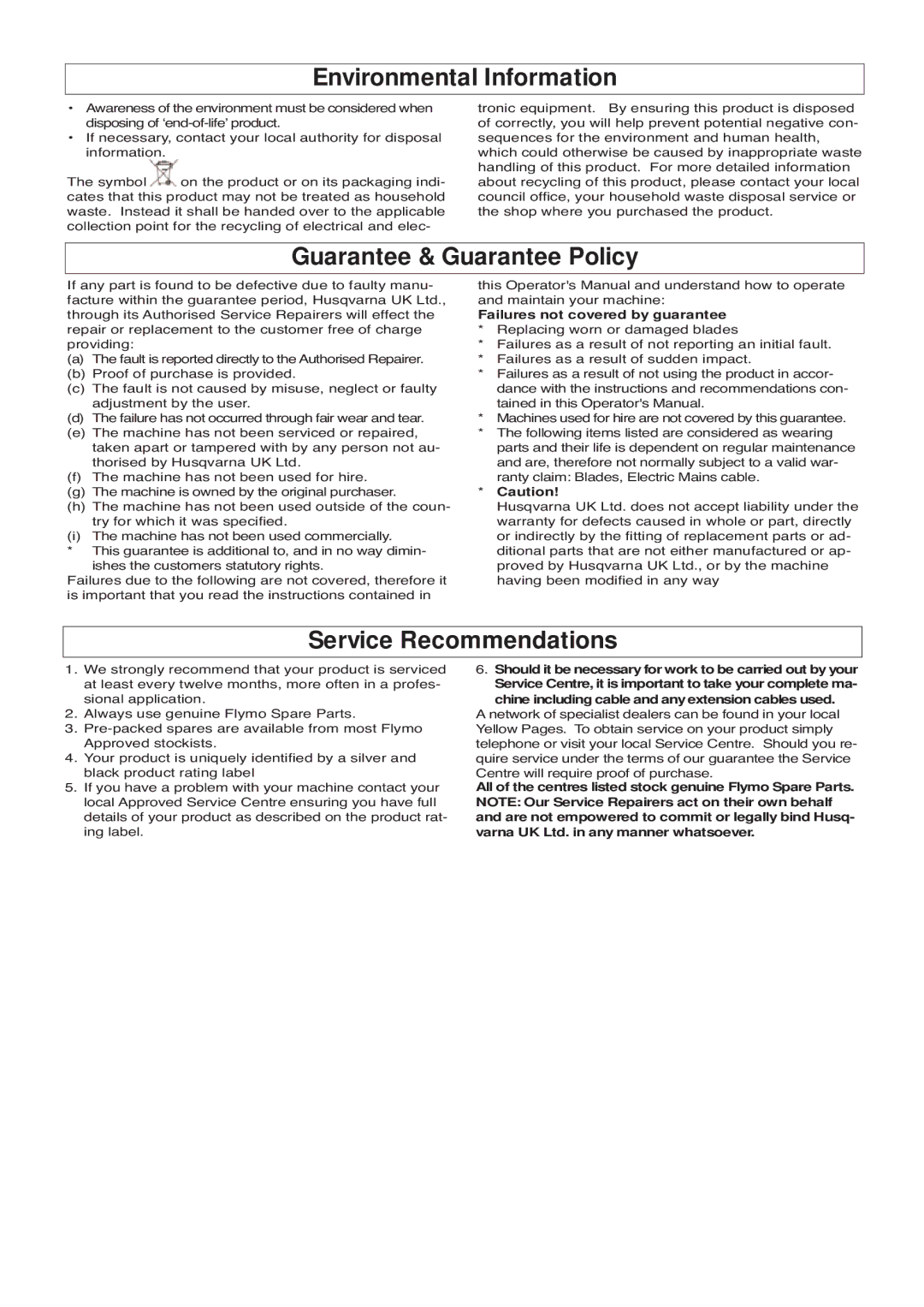 Flymo 420, EASICUT 500 manual Environmental Information, Guarantee & Guarantee Policy, Service Recommendations 