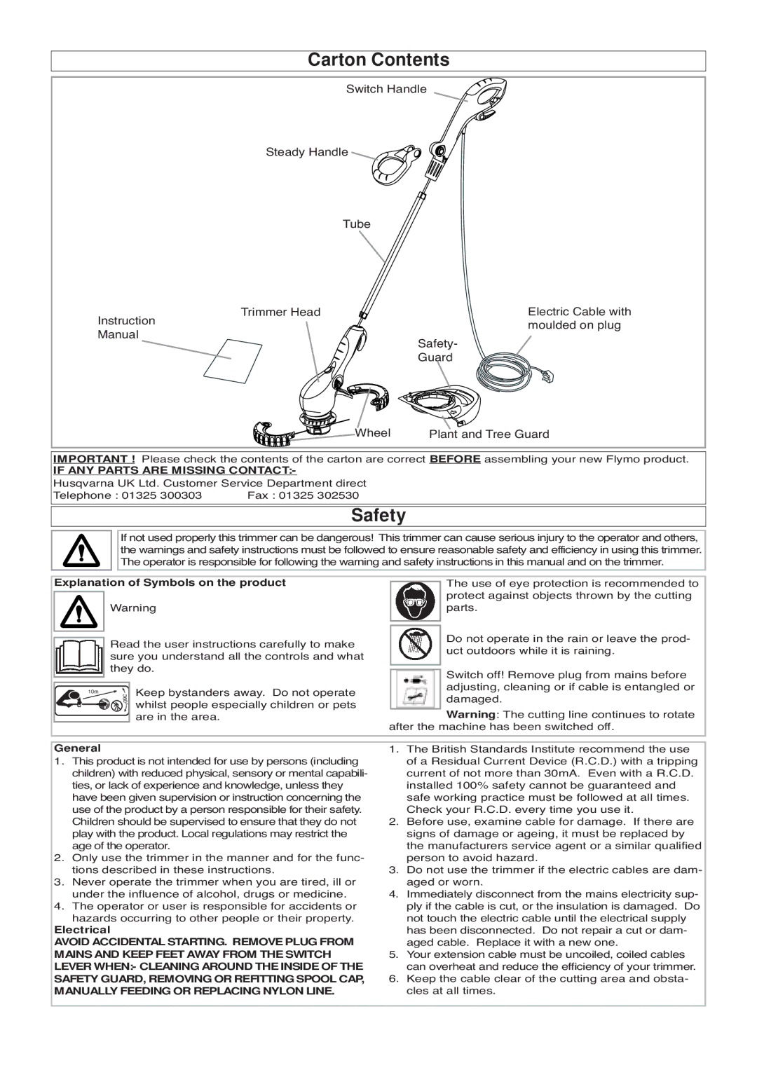 Flymo 500 XT manual Carton Contents, Safety 