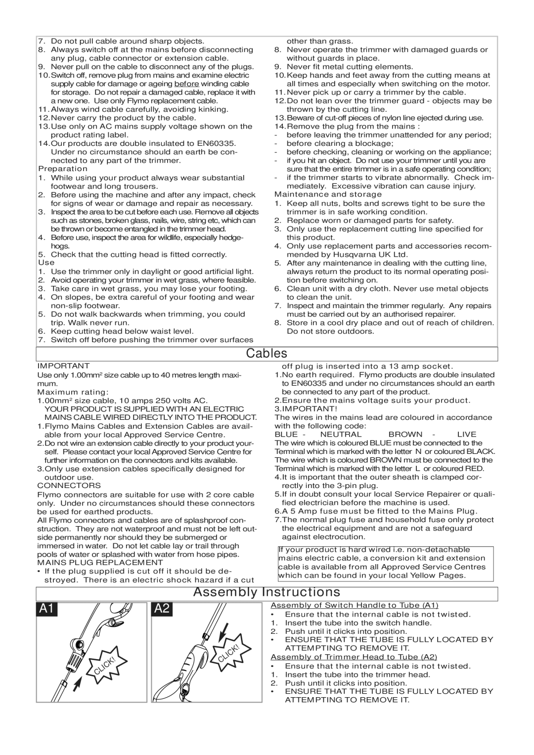 Flymo 500 XT manual Cables, Assembly Instructions, Connectors, Mains Plug Replacement 