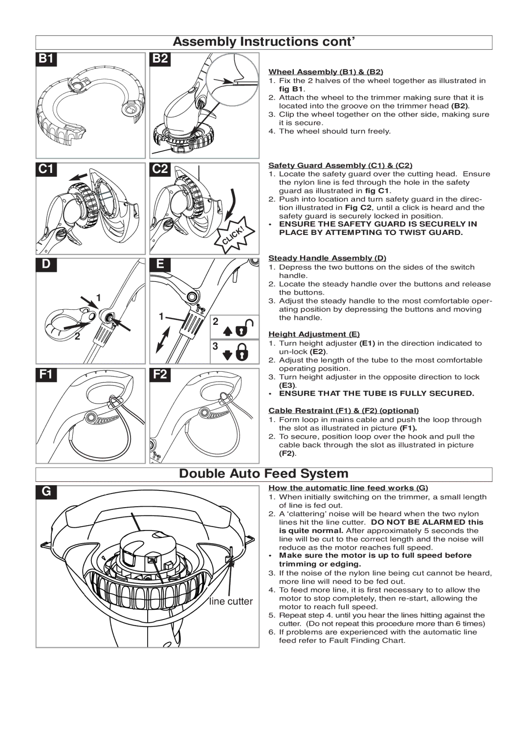 Flymo 500 XT manual Assembly Instructions cont’, Double Auto Feed System, Ensure That the Tube is Fully Secured 