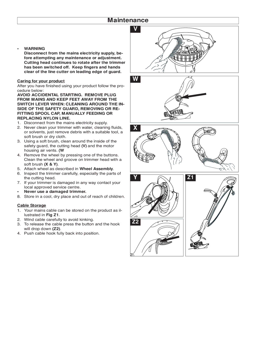 Flymo 500 XT manual Maintenance, Cable Storage 