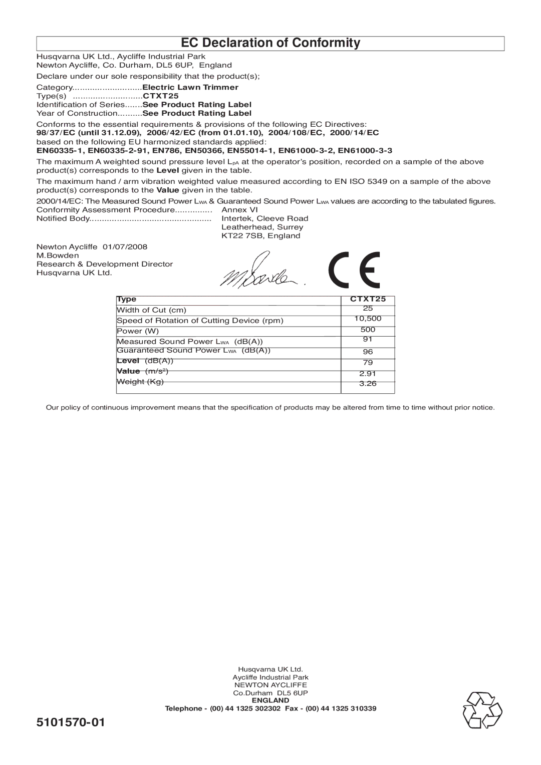 Flymo 500 XT manual EC Declaration of Conformity, CTXT25, England 