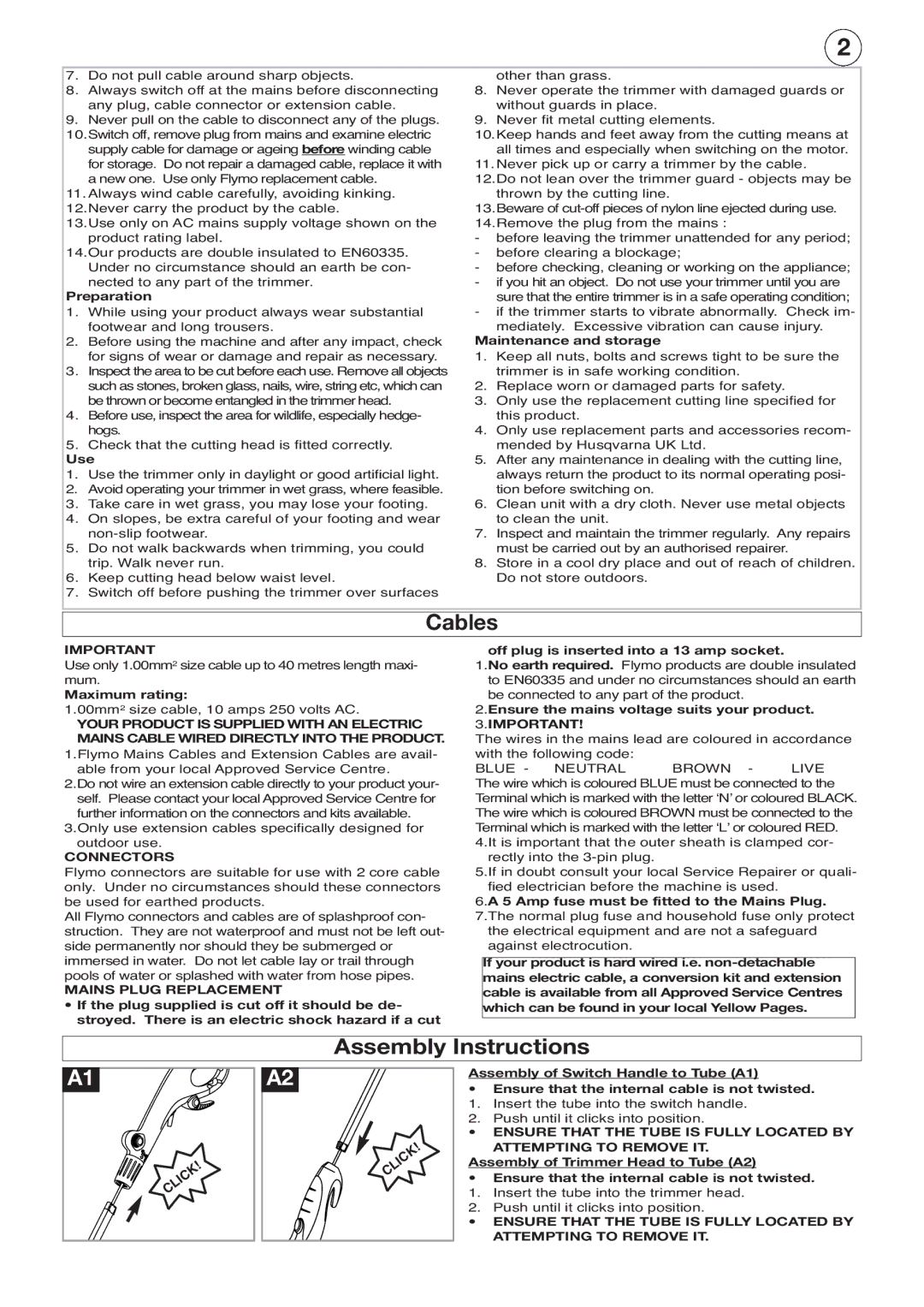 Flymo 500 XT manual Cables, Assembly Instructions, Connectors, Mains Plug Replacement 