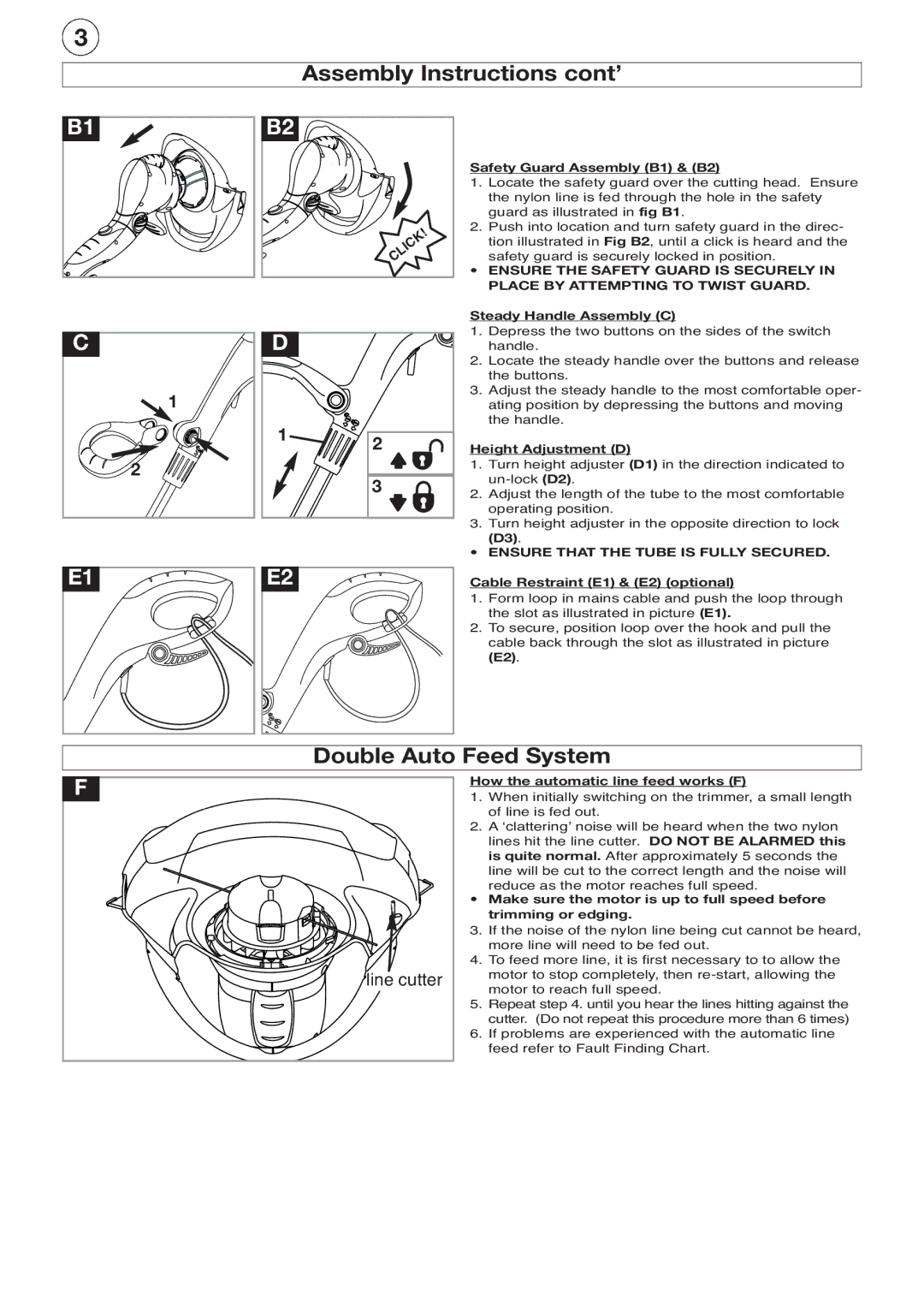 Flymo 500 XT manual Assembly Instructions cont’, Double Auto Feed System, Ensure That the Tube is Fully Secured 