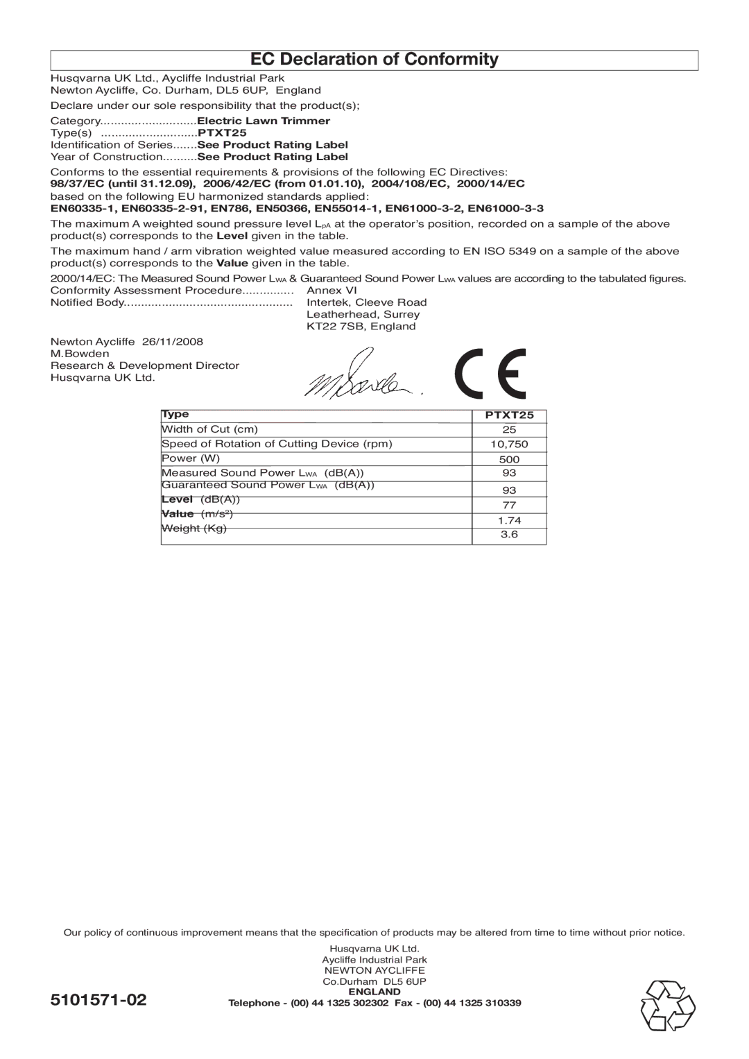 Flymo 500 XT manual EC Declaration of Conformity, PTXT25, England 