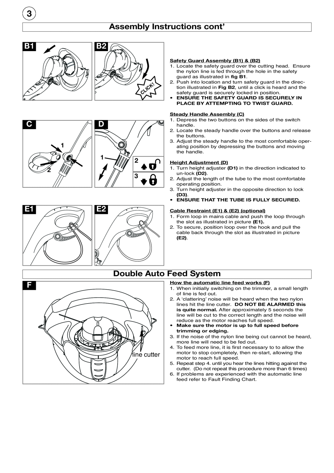 Flymo 500 XT manual Assembly Instructions cont’, E1 F, Double Auto Feed System, line cutter 