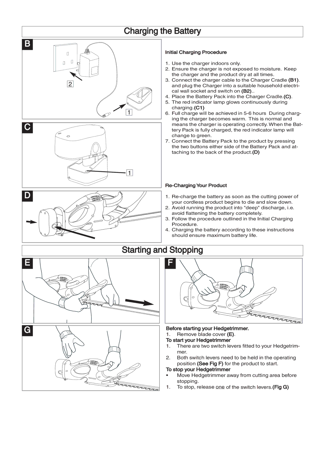 Flymo 500CT manual Charging the Battery, Starting and Stopping 