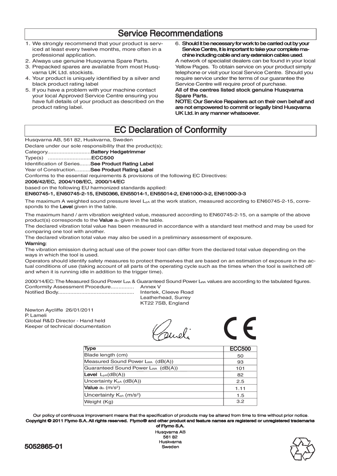 Flymo 500CT manual Service Recommendations, EC Declaration of Conformity, 5052865-01, ECC500 