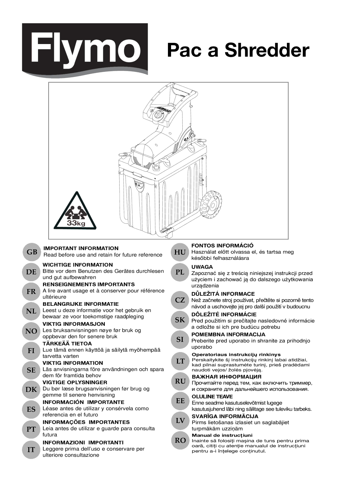 Flymo 510740403 manual Pac a Shredder 