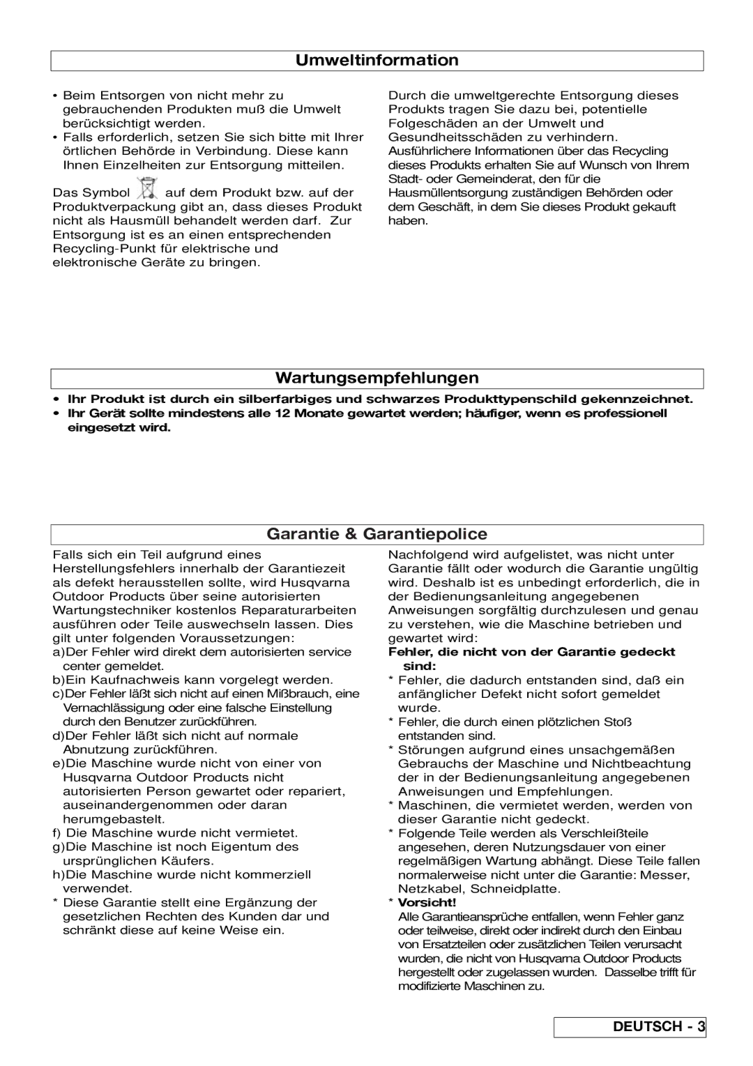 Flymo 510740403 manual Fehler, die nicht von der Garantie gedeckt sind, Vorsicht 