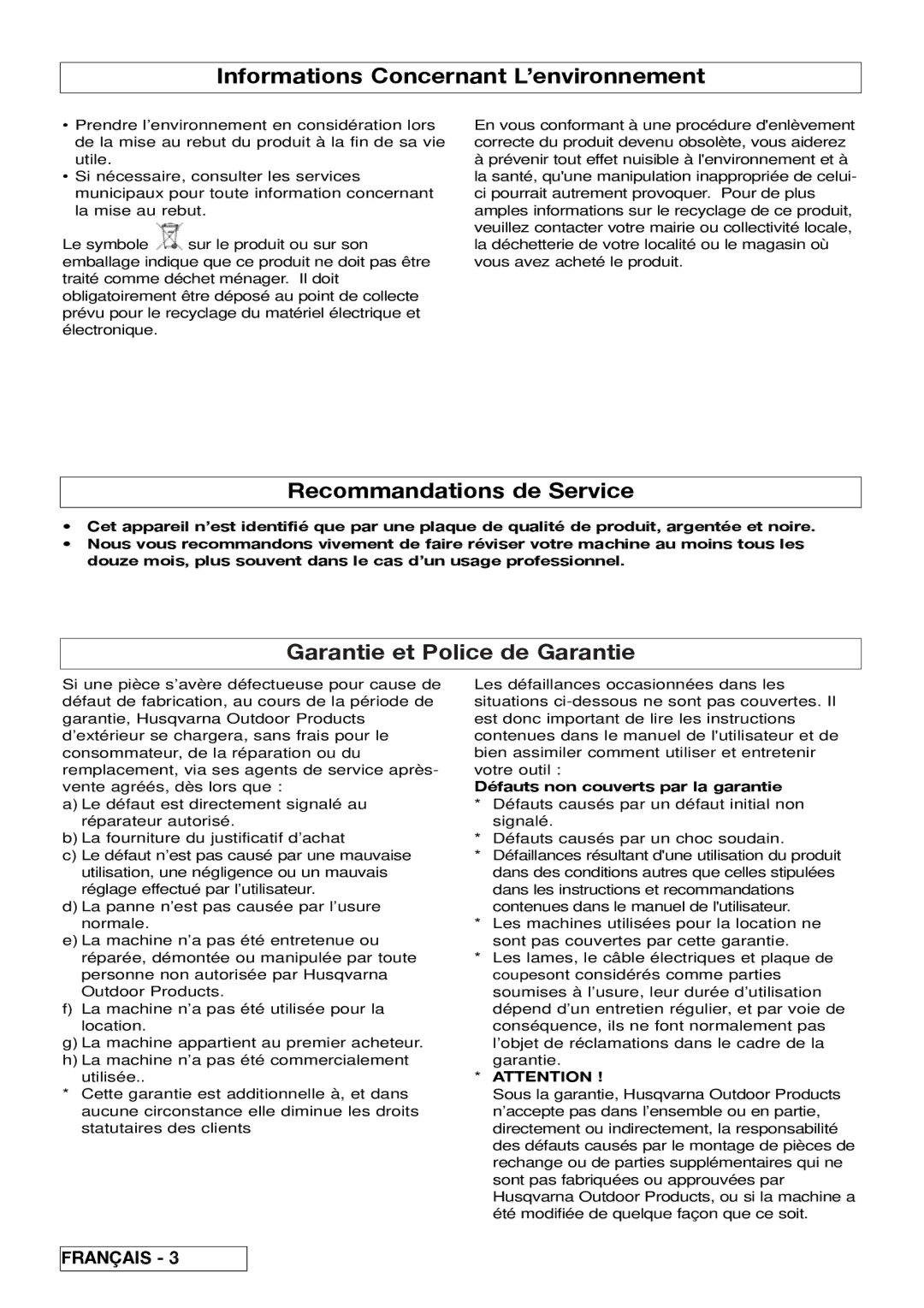 Flymo 510740403 manual Informations Concernant L’environnement, Recommandations de Service, Garantie et Police de Garantie 