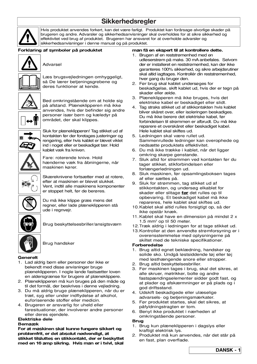 Flymo 510740403 manual Sikkerhedsregler, Forklaring af symboler på produktet, Brug 