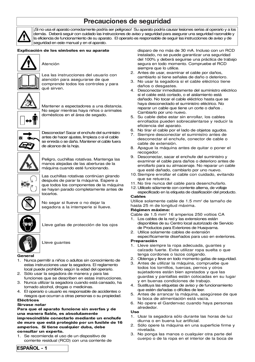 Flymo 510740403 Precauciones de seguridad, Explicación de los símbolos en su aparato, Régimen máximo, Preparación, Uso 