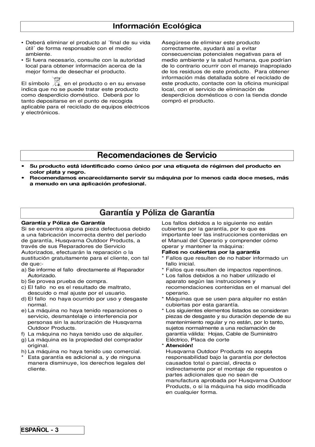 Flymo 510740403 manual Recomendaciones de Servicio, Garantía y Póliza de Garantía, Información Ecológica 