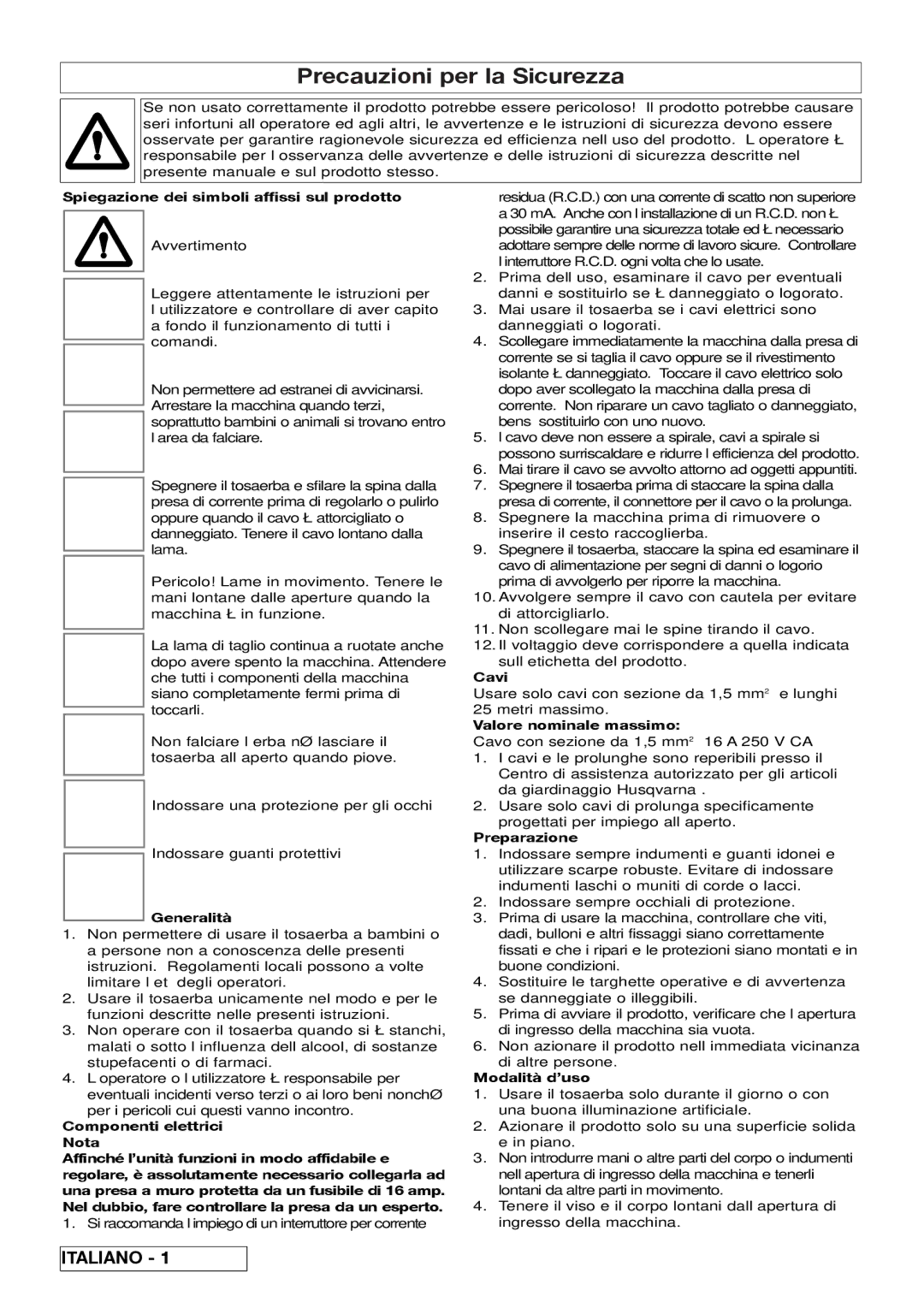 Flymo 510740403 manual Precauzioni per la Sicurezza 